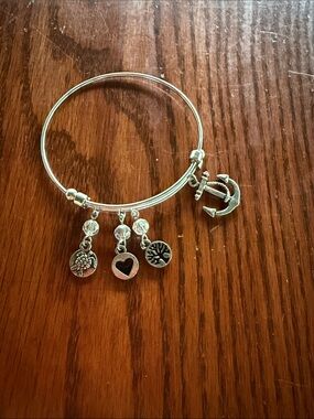 Silver Anchor Charm Bangle Bracelet with Heart and Tree Charms